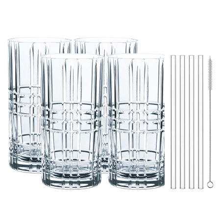 Square Highballglas + Sugrör 44,5cl 4-pack