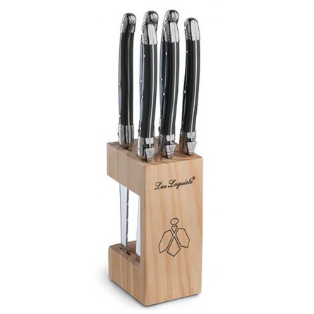 Lou Laguiole Grillkniv i Träblock, Antracit, 6-pack