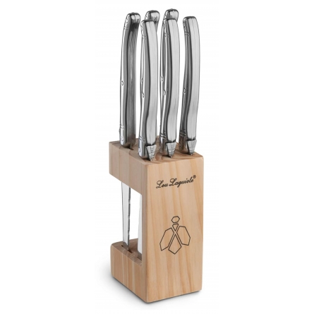 Lou Laguiole Grilkniv i Träblock, Silver, 6-pack